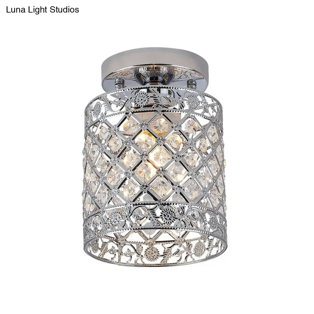 1 - Light Crystal Embedded Flush Mount Lamp With Chrome Finish For Aisle - Cylindrical Design