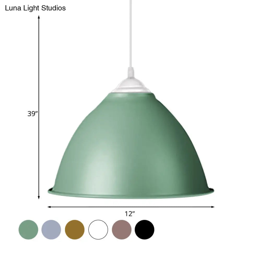1-Light Industrial Dome Pendant Light In Frosted Green/Yellow For Dining Room - Aluminum Ceiling