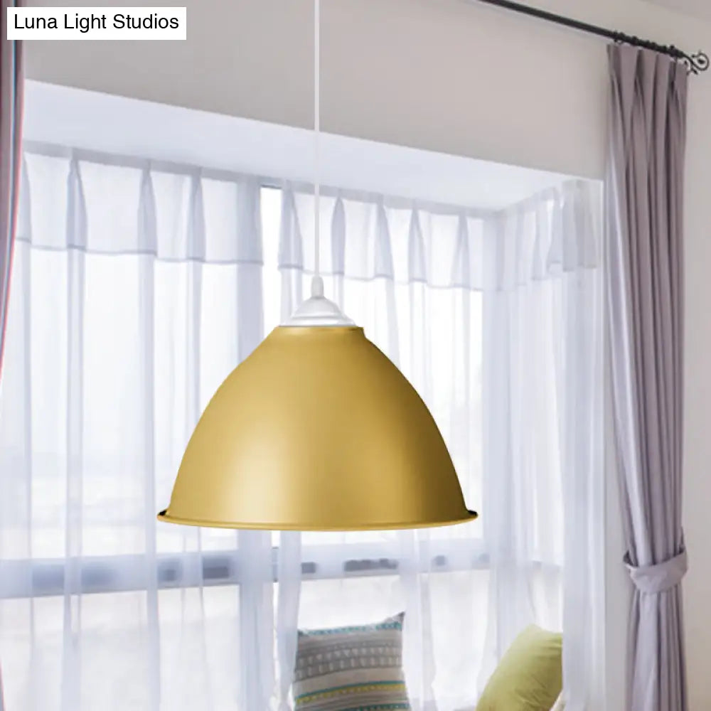 1-Light Industrial Dome Pendant Light In Frosted Green/Yellow For Dining Room - Aluminum Ceiling