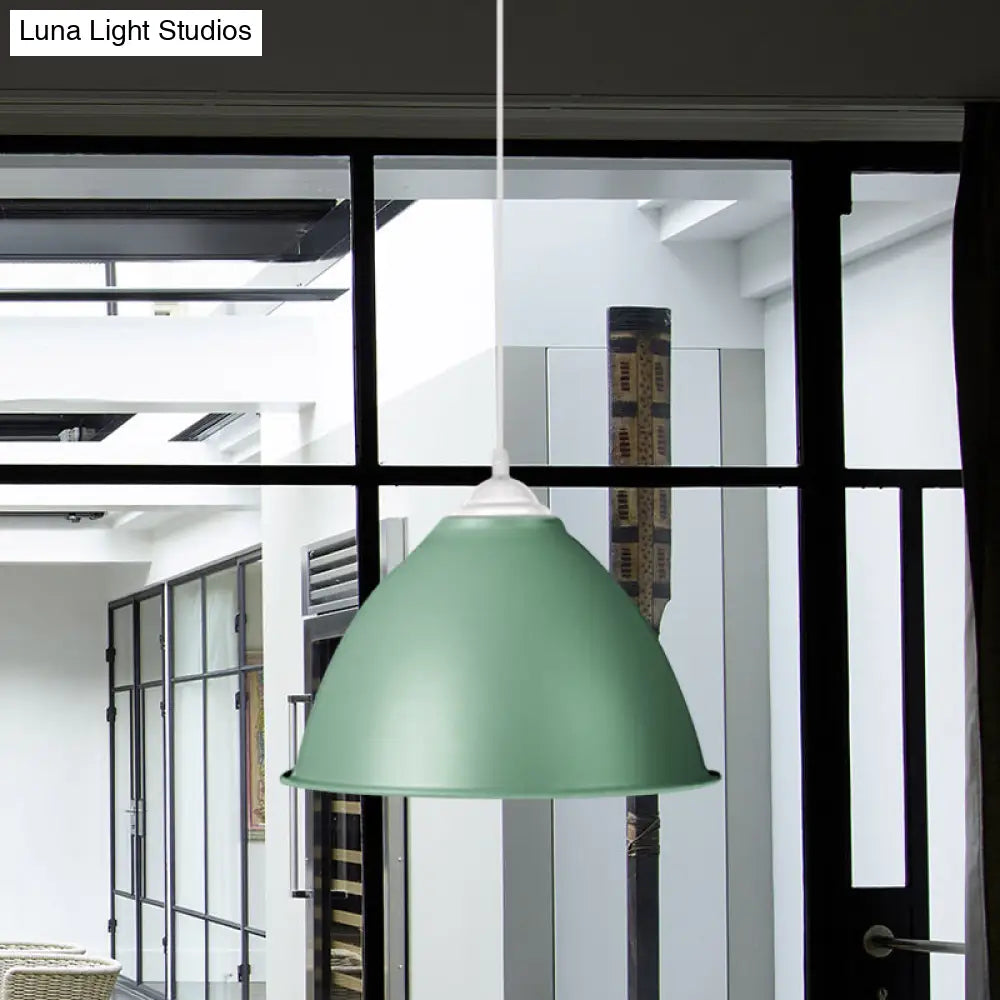 1-Light Industrial Dome Pendant Light In Frosted Green/Yellow For Dining Room - Aluminum Ceiling
