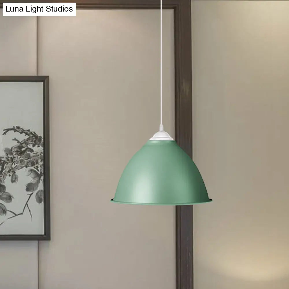 1-Light Industrial Dome Pendant Light In Frosted Green/Yellow For Dining Room - Aluminum Ceiling