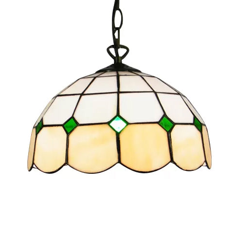 Tiffany Art Glass Dome Pendant Light - Beige/Orange/Blue 1 Bulb Ceiling Hang Fixture For Living