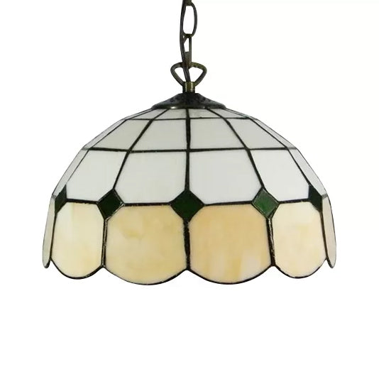 Tiffany Art Glass Dome Pendant Light - Beige/Orange/Blue 1 Bulb Ceiling Hang Fixture For Living