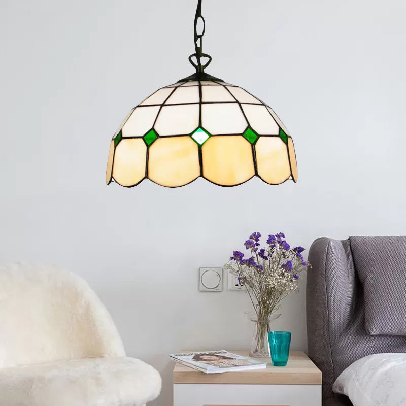 Tiffany Art Glass Dome Pendant Light - Beige/Orange/Blue 1 Bulb Ceiling Hang Fixture For Living