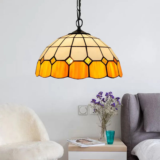 Tiffany Art Glass Dome Pendant Light - Beige/Orange/Blue 1 Bulb Ceiling Hang Fixture For Living