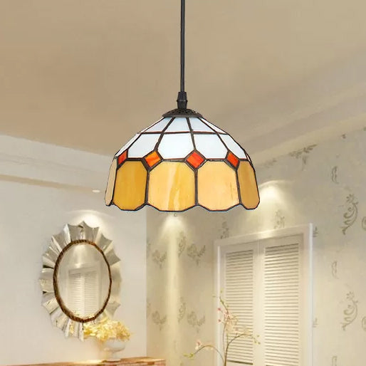 Tiffany Art Glass Dome Pendant Light - Beige/Orange/Blue 1 Bulb Ceiling Hang Fixture For Living