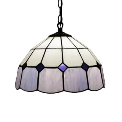 Tiffany Art Glass Dome Pendant Light - Beige/Orange/Blue 1 Bulb Ceiling Hang Fixture For Living