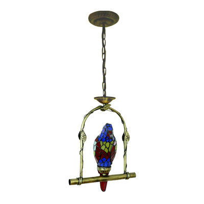 Blue Stained Glass Parrot Ceiling Pendant With Swing: Tiffany Style Suspended Light
