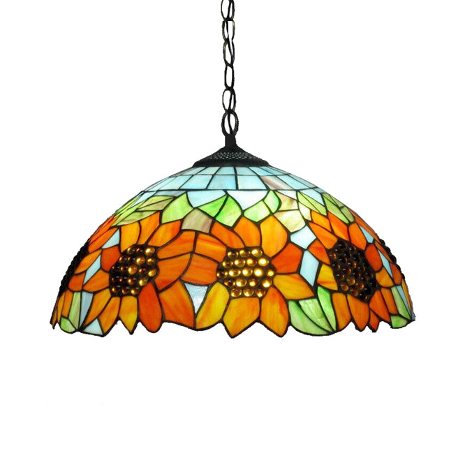 Tiffany-Style Black Hand Cut Glass Pendant Ceiling Light With Sunflower Pattern – 12’/16’