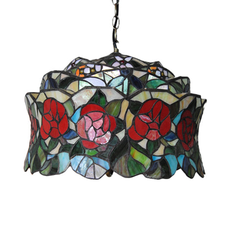 Victorian Red Stained Glass Drum Hanging Lamp Pendant Light Kit - Set Of 3 Bulbs Perfect For Living