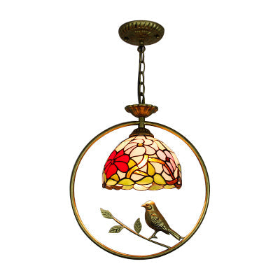 Victorian Style Domed Pendant Ceiling Light With Stainless Glass Brass Ring And Bird Accent