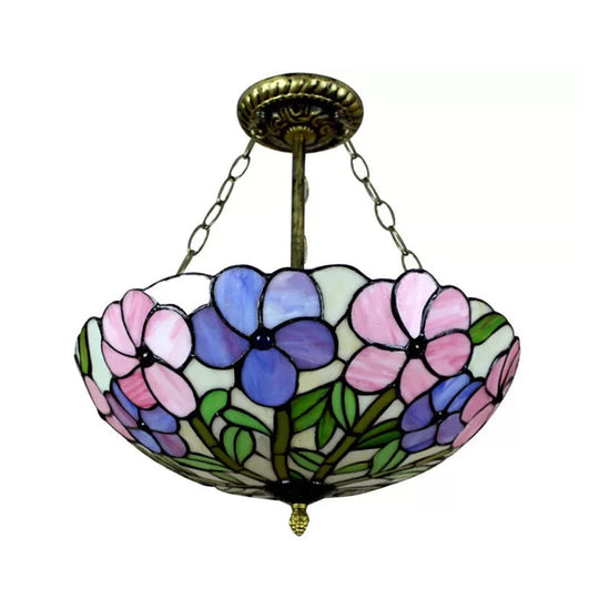 Stained Glass Tiffany Led Ceiling Light With 3-Lights Aged Brass Chain And Rose Pattern