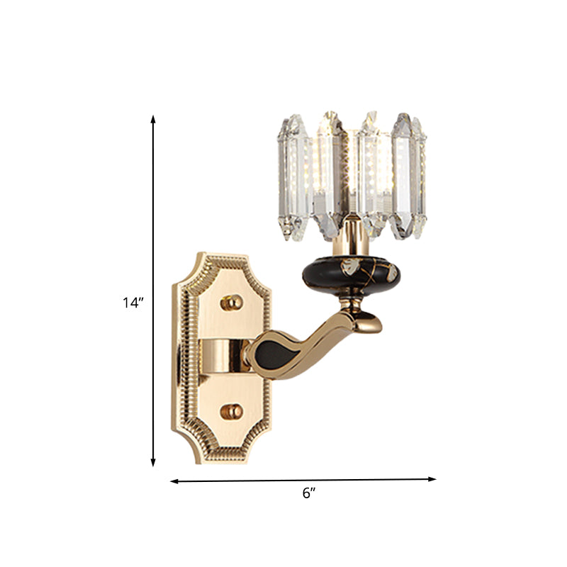 Minimalist Gold Wall Sconce Light - Faceted Glass Cylindrical Design Bedroom Mount Lamp