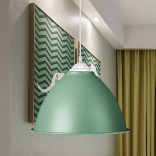 1-Light Industrial Dome Pendant Light In Frosted Green/Yellow For Dining Room - Aluminum Ceiling