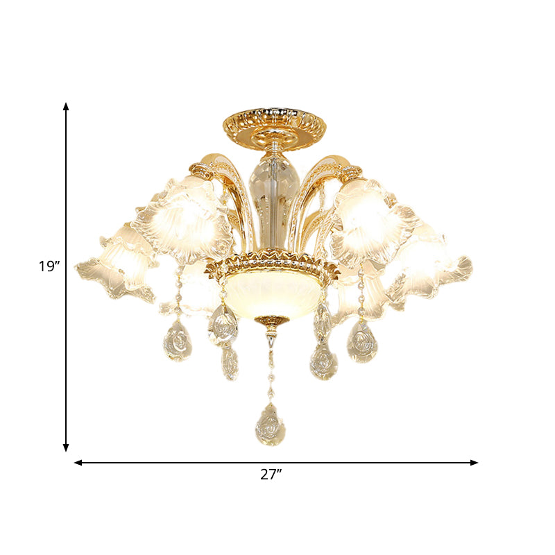 Mid Century 6-Light Flower K9 Crystal Semi Flush Mount Ceiling Fixture In Gold Finish