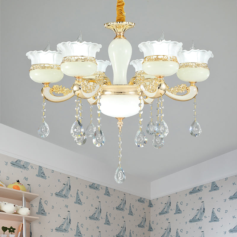 Modern Gold Chandelier With White Glass Shade - 6 Heads Ruffle-Edge Pendant For Bedroom Ceiling