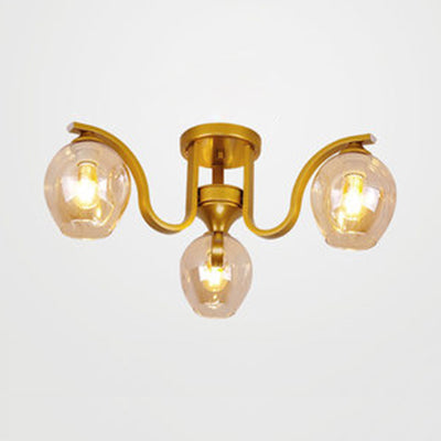 Modern 3 - Light Ceiling Lamp For Study Room - Glass And Metal Semi - Flush Mount Gold