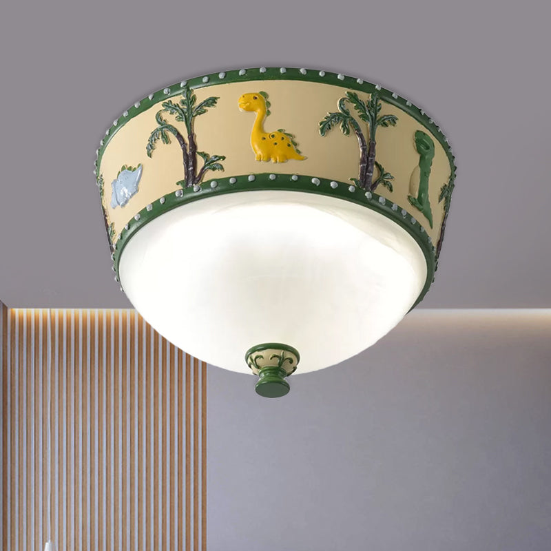 Bowl Opal Glass Ceiling Lamp - Kids Blue/Yellow Led Flush Mount With Dinosaur And Tree Pattern