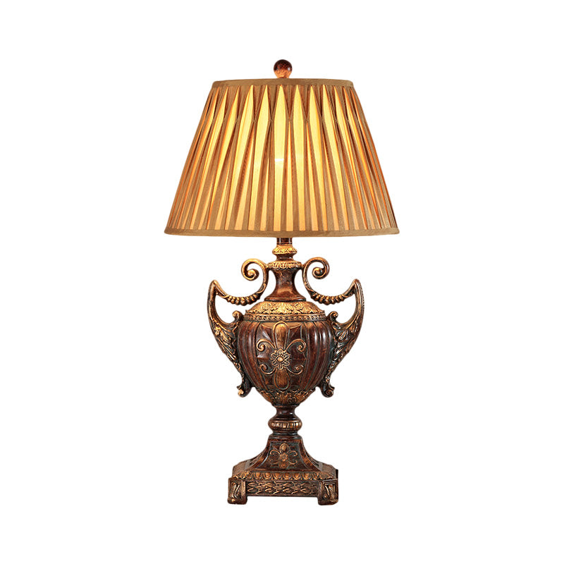 Traditional Pleated Conical Shade Table Lamp - Brown Fabric 1 Bulb Desk Light For Living Room
Note: