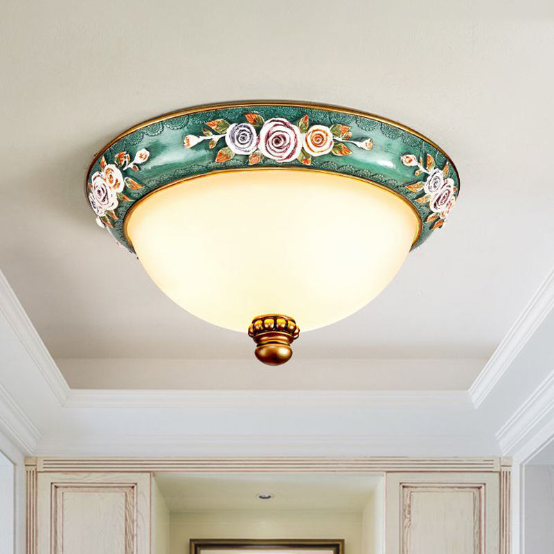 Retro Resin Flush Mount Light Fixture - Green Floral Design With Dome Shade 3-Light Bedroom Ceiling