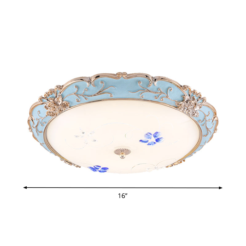Vintage Led Flush Mount Light With Floral Shade And Opaque Glass - 13/16/19.5 Wide Blue Color