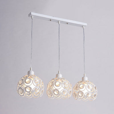 Modern Crystal Dome Metal Cage Pendant Lamp With White/Black Hanging Lights - Round/Linear Canopy