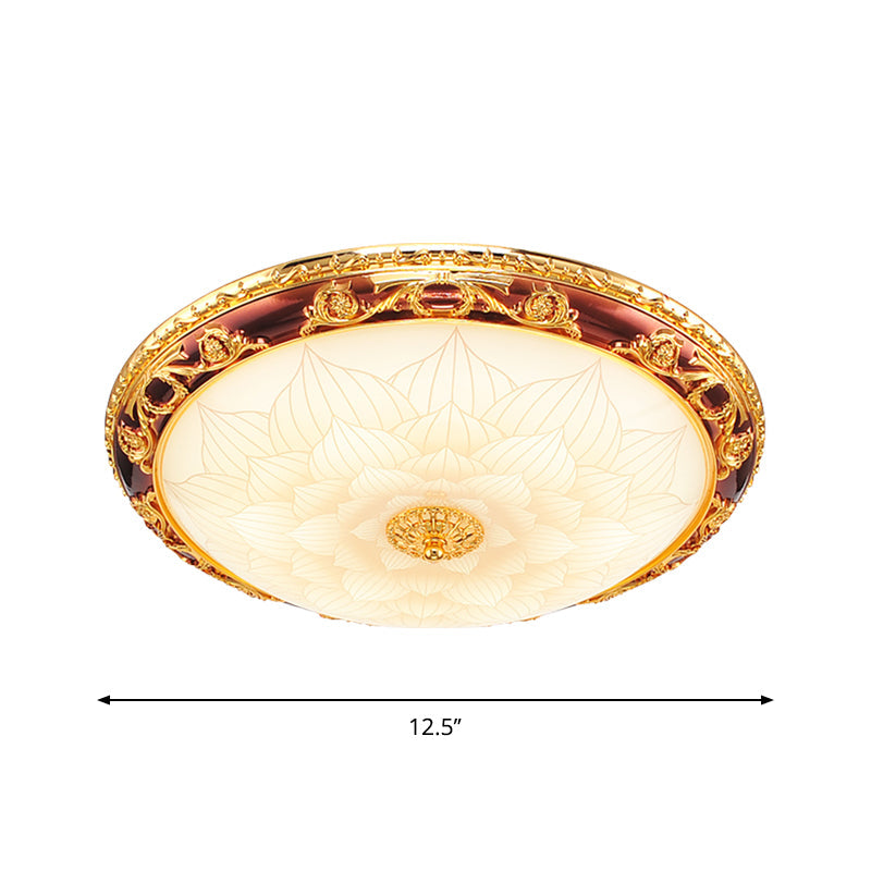 Vintage Gold Led Flush Ceiling Light With Blossom Frosted Glass Bowl - 12.5’/15’/19’ Width