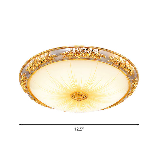 Antique Opal Glass Flush Mount Ceiling Light With Embossed Rose Trim