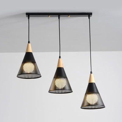 Wood Finish Pendant Light With Hollow Metal Cone Shade - Modern Hanging Lamp For Restaurants Black /
