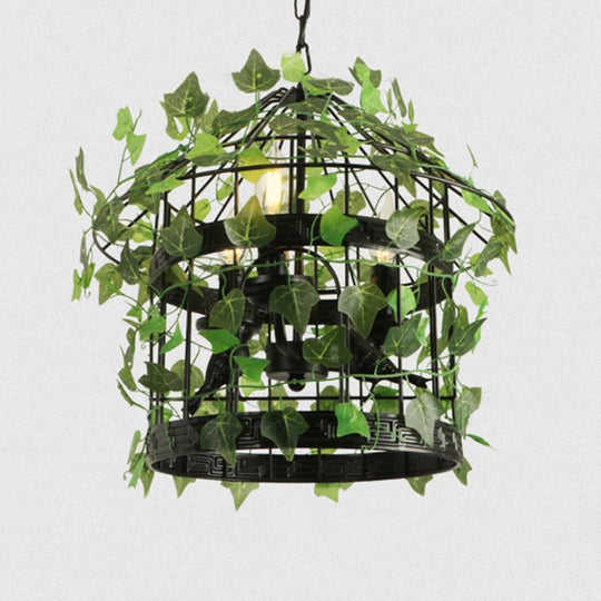 Industrial Green Iron Ceiling Chandelier With 3-Lights Fake Plant And Cage - Restaurant Pendant