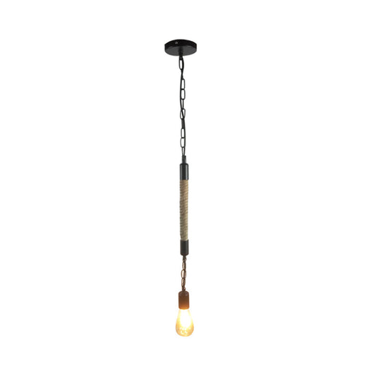 Industrial Black Light Fixture: 1-Light Bare Bulb Pendant With Hemp Rope - Perfect For Restaurants
