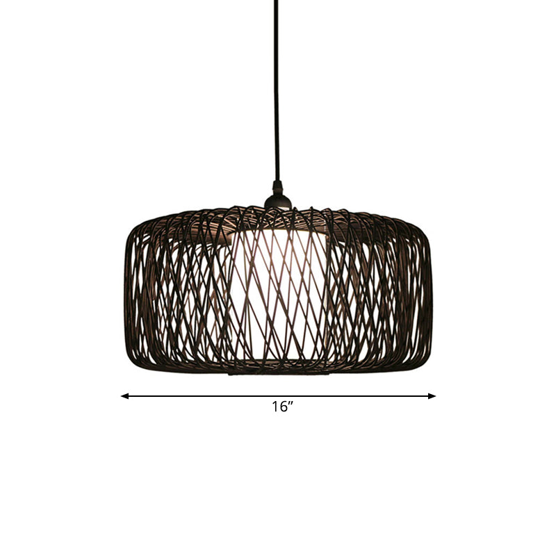 1-Light Restaurant Hanging Bamboo Drum Pendant Lamp 16’’/23.5’’ Wide Black Shade Fixture