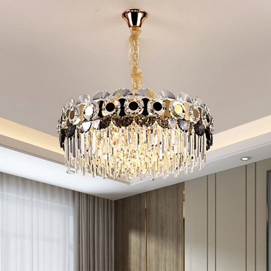 Prismatic Crystal Chandelier - 12 Bulbs Contemporary Gold Round Living Room Hanging Light