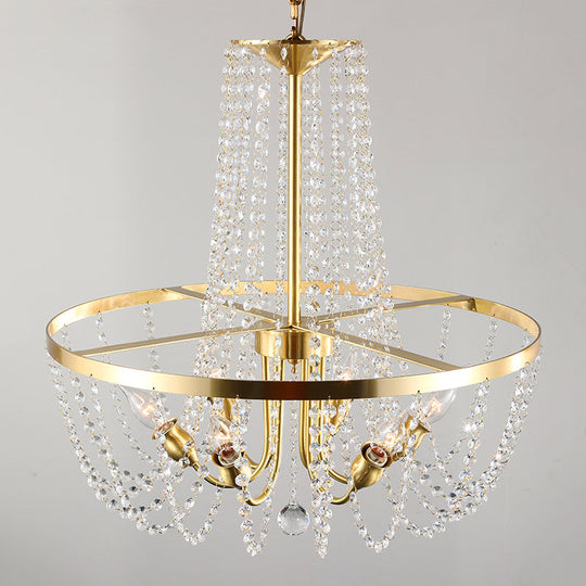 Gold Modern Ring Hanging Lamp With Crystal Stands - 6 Bulbs Pendant Chandelier