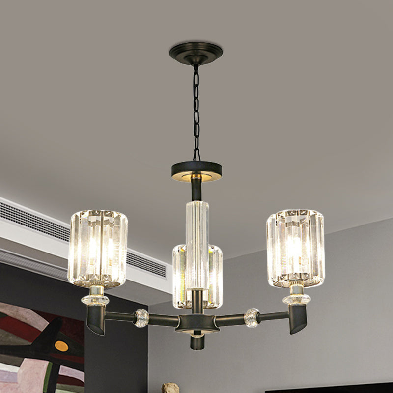 Contemporary Clear Crystal Chandelier With Black Metal Frame - 3/6 Bulb Cylinder Shade Ceiling Light