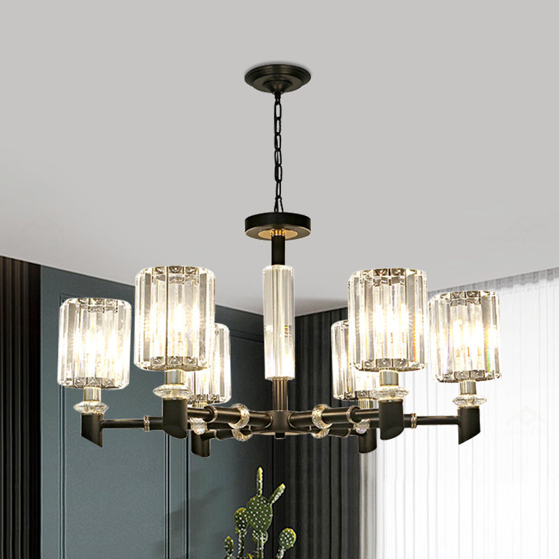 Contemporary Clear Crystal Chandelier With Black Metal Frame - 3/6 Bulb Cylinder Shade Ceiling Light