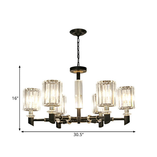 Contemporary Clear Crystal Chandelier With Black Metal Frame - 3/6 Bulb Cylinder Shade Ceiling Light