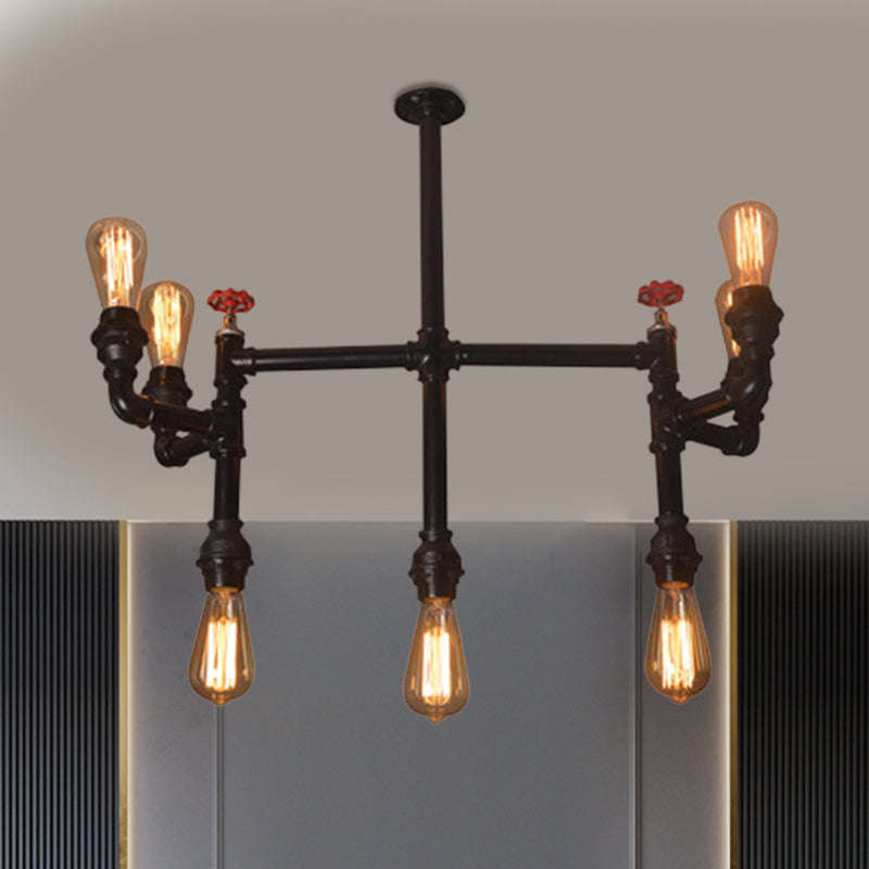 Antique Style Water Pipe Hanging Pendant Light With 7 Bulbs Metallic Chandelier Lighting - Black