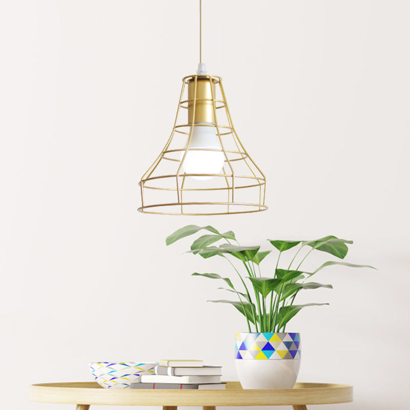 Gold Wire Cage Pendant Light - Retro Industrial Iron Hanging Lamp For Coffee Shop