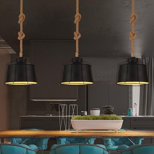 Metallic Tapered Pendant Light - Loft Style 1 Restaurant Ceiling Fixture Black With Wire Frame &