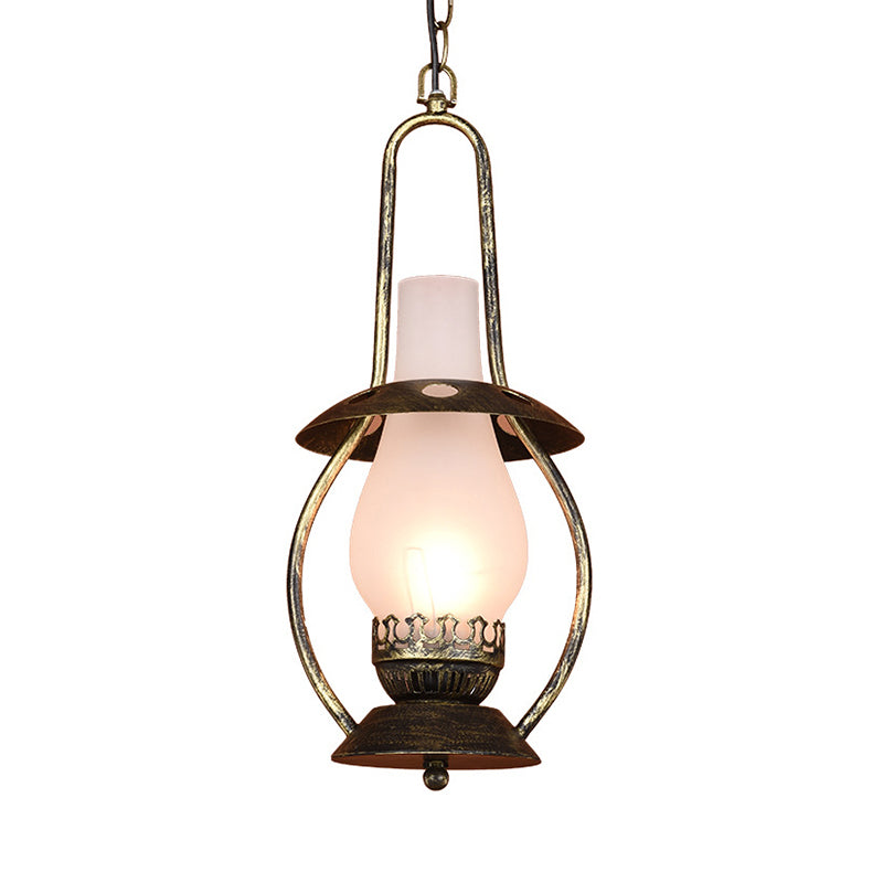 Farmhouse Milk Glass Pendant Ceiling Light - Brass Kerosene Lighting Fixture For Restaurants