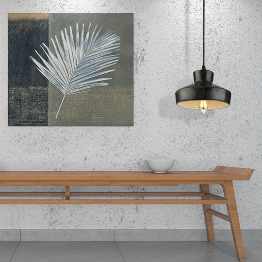 Iron Pendant Lighting With 4 Aged Black Shades - Industrial Style Indoor Hanging Light