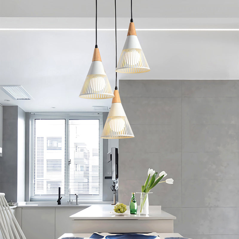 Nordic Cone Ceiling Light With 3 Metal And Wood Pendant Heads White / Round