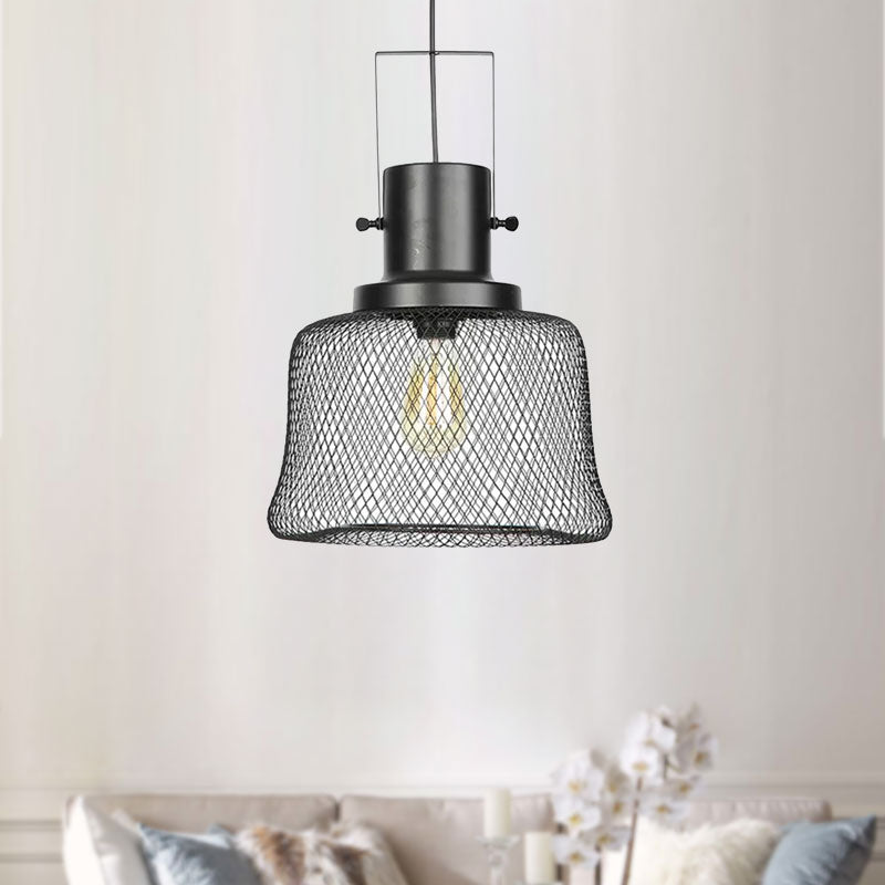 Industrial Metal Pendant Light - Mesh Cage 1-Light Black Shade Living Room Hanging Lamp