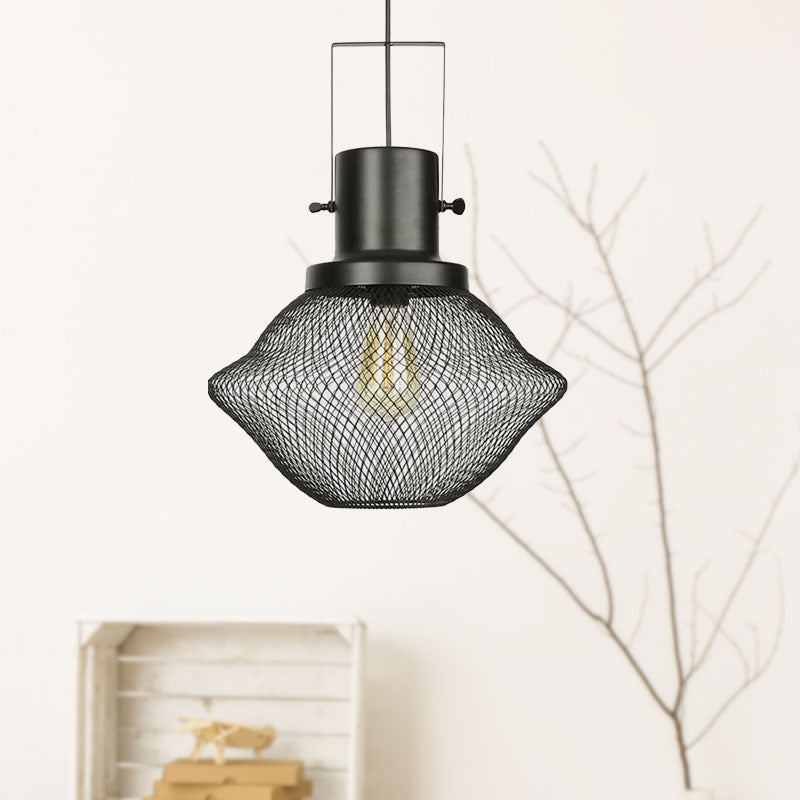 Industrial Metal Pendant Light - Mesh Cage 1-Light Black Shade Living Room Hanging Lamp