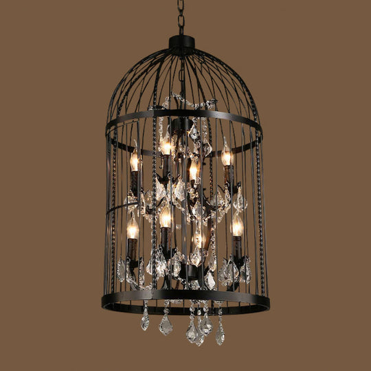 Vintage Industrial Black Metal Pendant Light With Crystal Deco - Multi Birdcage Hanging Design