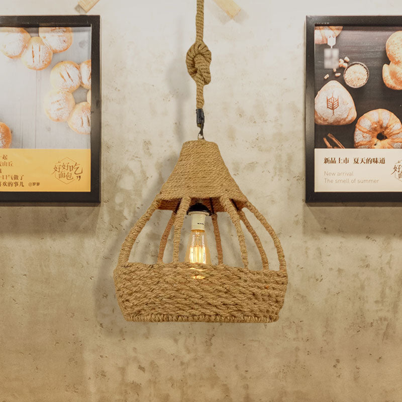 Rustic Brown Balcony Pendant Light Fixture With Rope Dome Shade - Country Style Suspension