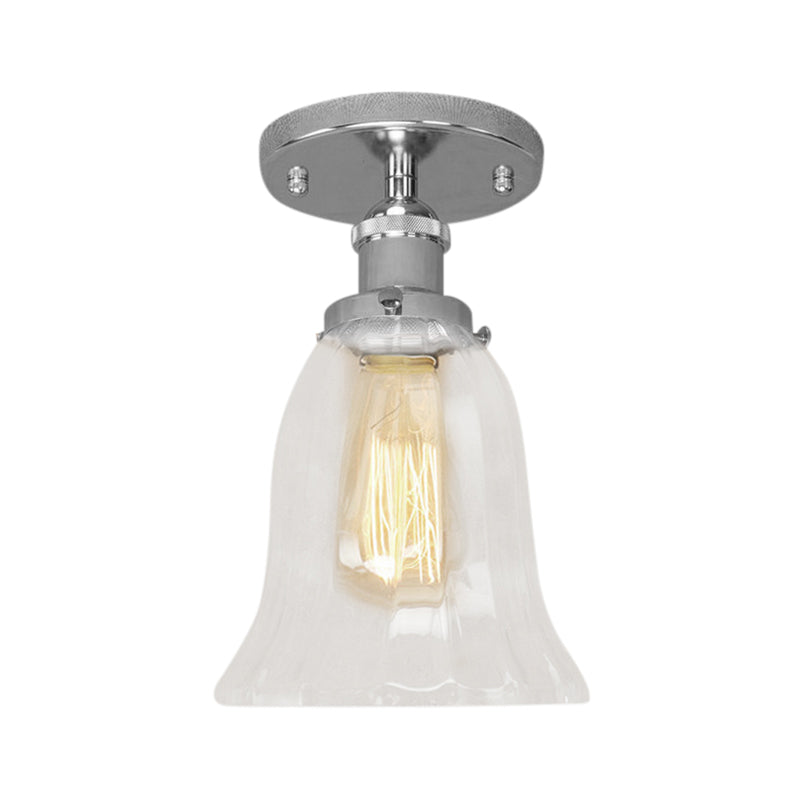 Industrial Flared Glass Semi Flush Mount Light With Clear Bulb In Black/Bronze/Copper