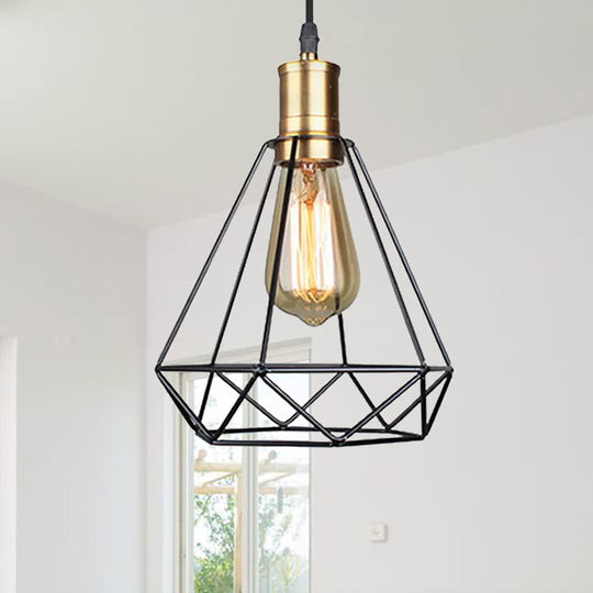 Vintage Diamond Cage Pendant Light - Iron Hanging Lamp In Brass For Living Room