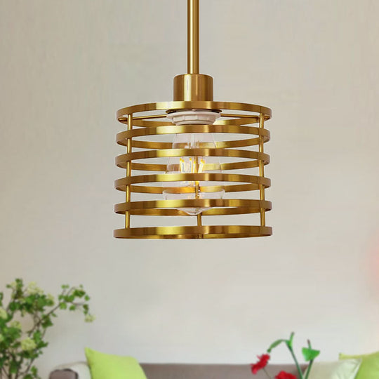 Vintage Wire Cage Pendant Light With Cylindrical Shade - Single Bulb Metallic Finish (Black/Brass)